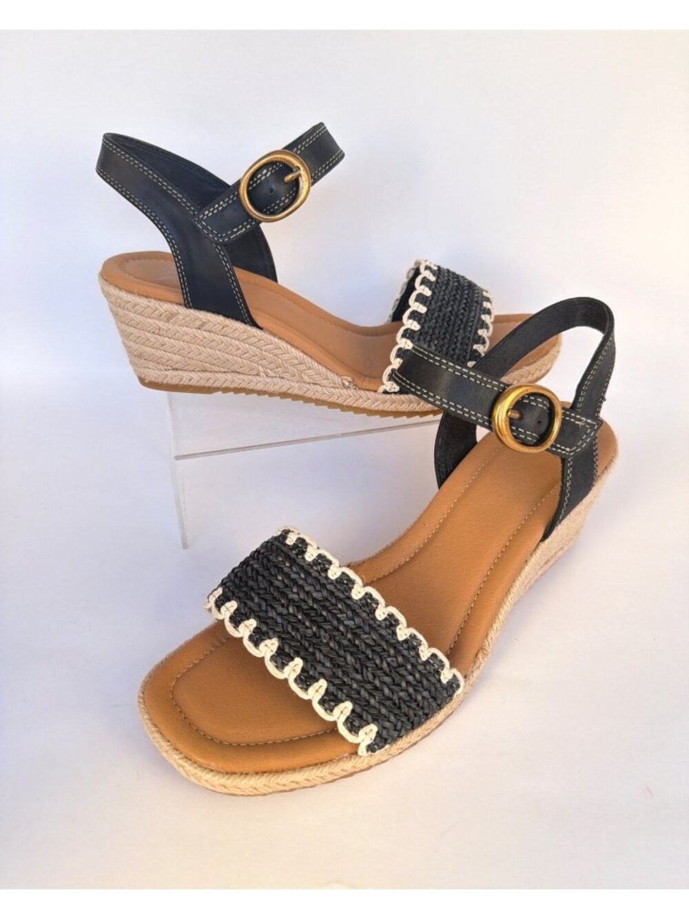 Sofft Inez Low Wedge Sandals Black Leather Summer Espadrilles Women Size 10